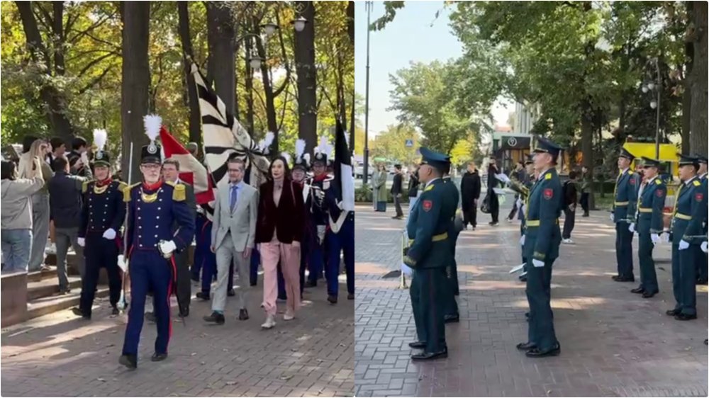 Швейцария жана Кыргызстан аскердик оркестрлери Эркиндик көчөсүндө марш кылууда
