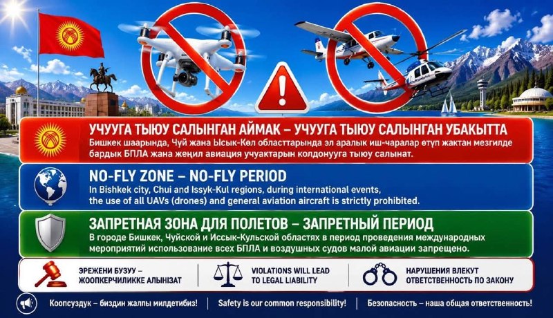 Бишкек жана Ысык-Кулда дрондорду жана чакан авиацияны учурууга толук тыюу салынат