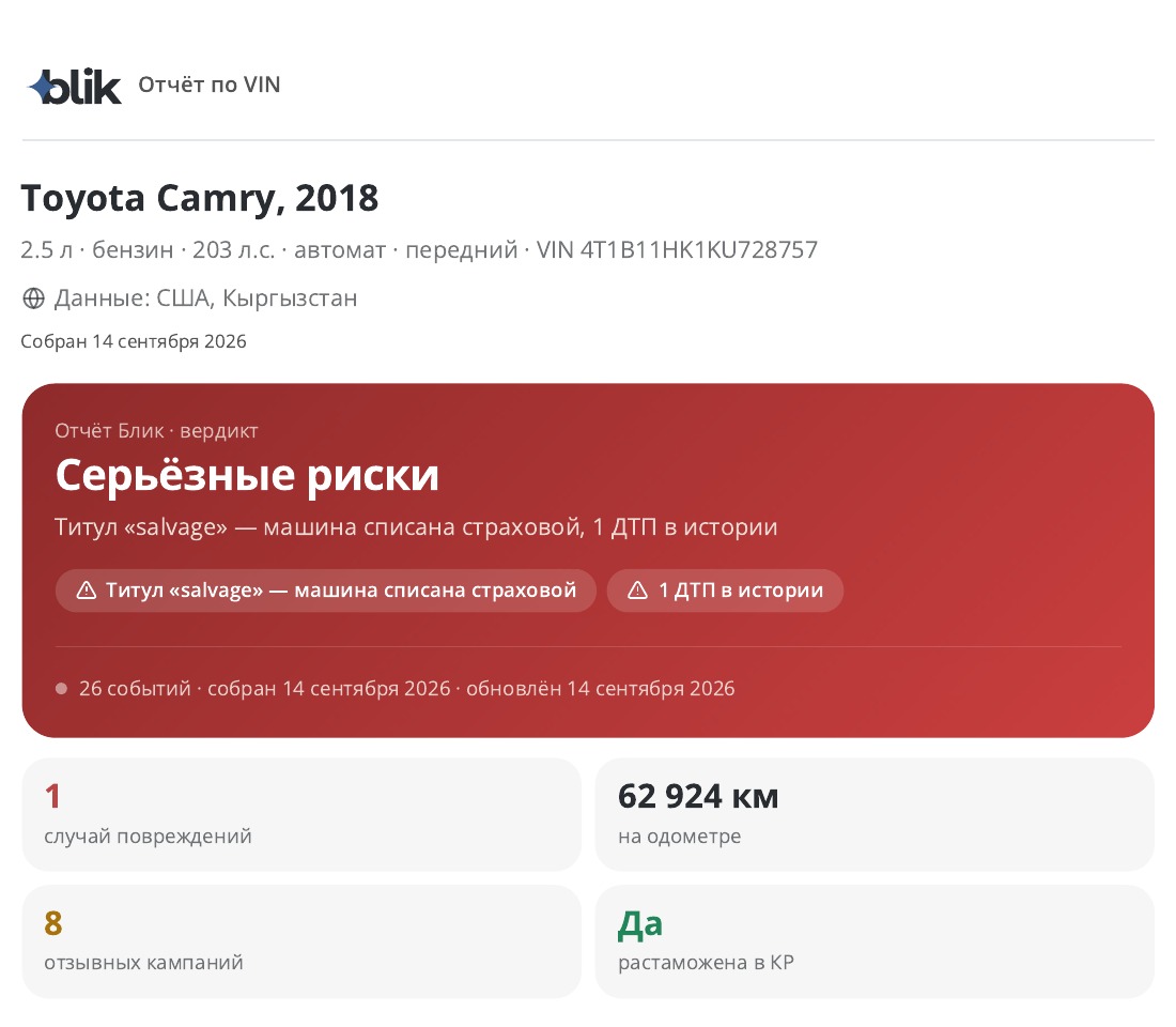 Фрагмент отчёта Блик: ключевые риски и сводка по автомобилю